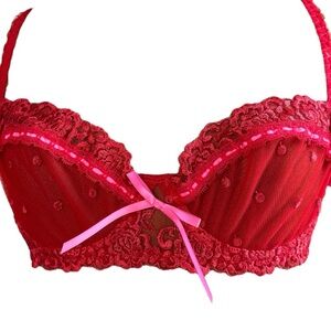 Lace Pink and Red Polka Dot Bra 34B